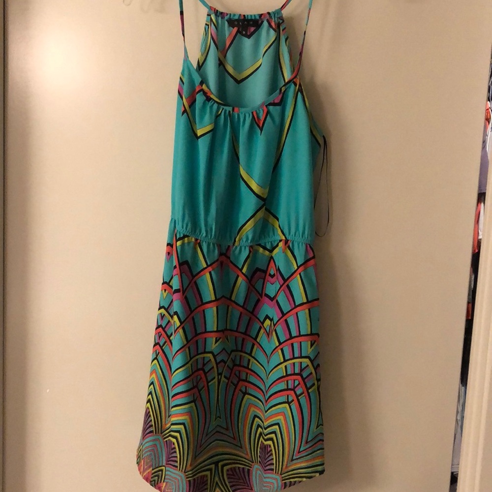 Blue dress with colorful pattern